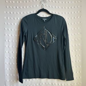 Lauren Ralph Lauren Black Label Sequin Logo Long Sleeve‎ Tee Black Sz S
